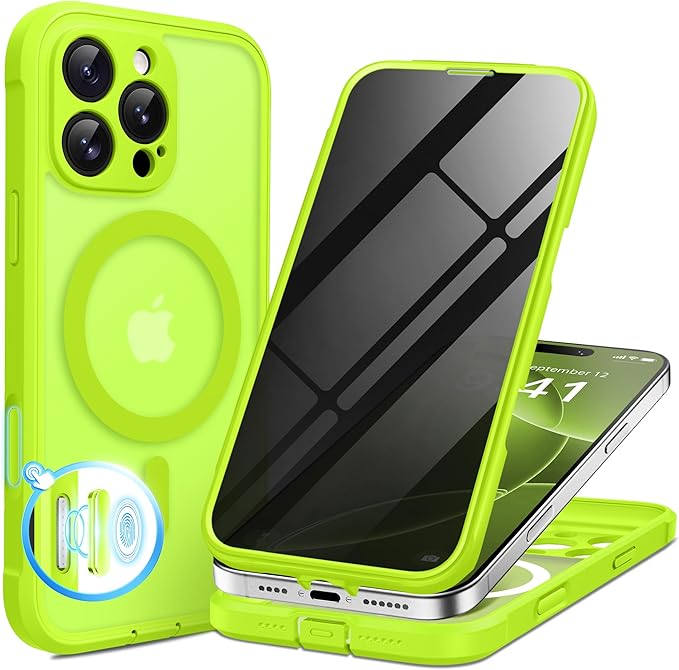 BERFY Magnetic for iPhone 16 Pro Case, Compatible with MagSafe, Built-in Privacy Screen Protector and Upgraded Camera Protection, Anti-Spy Full Body Shockproof Phone Case for 16 Pro 6.3", Bright Green