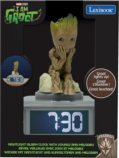 LEXiBOOK, Marvel Guardians of The Galaxy, Groot Nightlight Alarm Clock, Sounds and Melodies, Backlit LCD Screen, Illuminated, Snooze, Grey/Brown, RL800GG