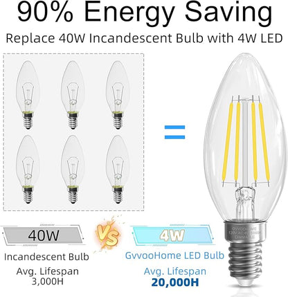 GvvooHome LED Candelabra Light Bulbs, E12 Bulb dimmable, 4W,40 watt Equivalent, Chandelier Light Bulbs, B10 Candle Bulb 5000K Daylight, 90+CRI, 400LM, Clear Glass, 48 Pack
