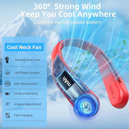 Portable Neck Fan,Hands Free Personal Wearable Bladeless Fan,6000mAh USB Rechargeable,360° Cooling,LED Display,4-Speeds,Birthday Gifts for Men Women Dad Mom,Valentines Day Gifts for Her Him (Red)