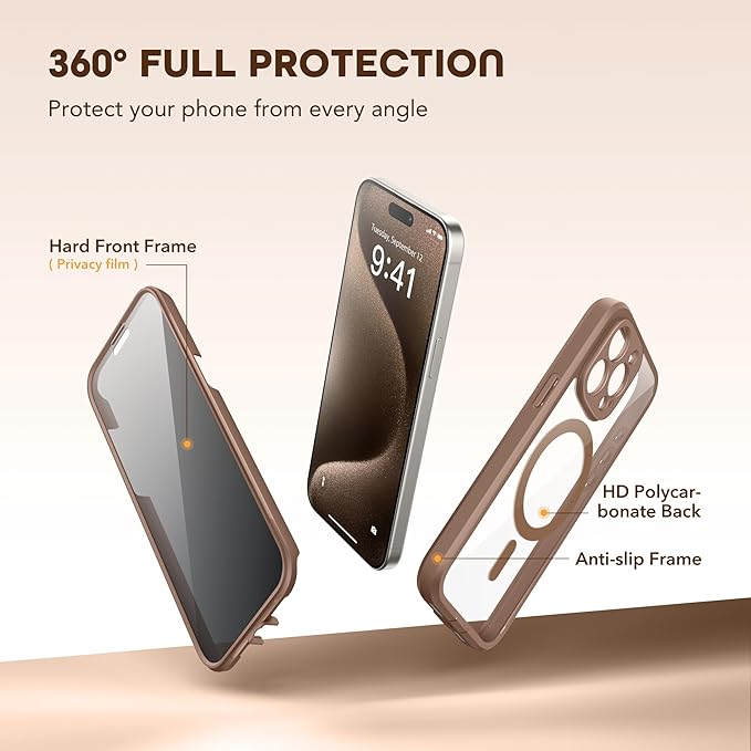 Magnetic for iPhone 15 Pro Max Case, Compatible with MagSafe, Built-in Privacy Screen Protector and Camera Protection, Anti Spy Full Body Dustproof Shockproof Hard Phone Case 6.7", Brown
