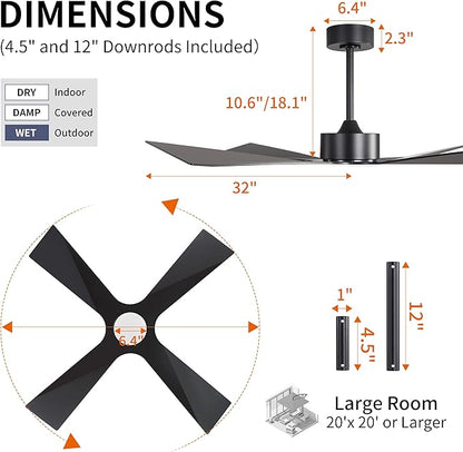 WINGBO 64" Wet Rated Outdoor Ceiling Fan with Lights, 4 ABS Plastic Blades, Reversible DC Motor, 6-Speed Remote Control, 3 CCT, Waterproof Ceiling Fan for Patio Porch Gazebo Garage, Matte Black
