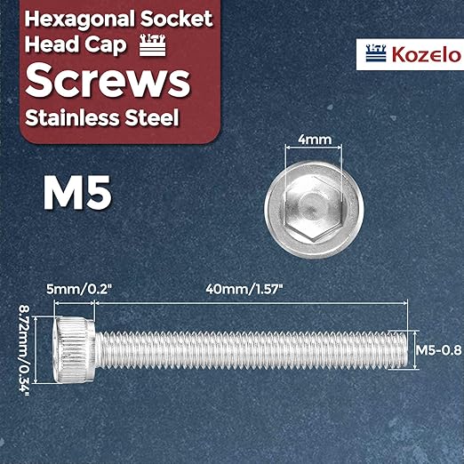 Kozelo 50pcs Socket Head Cap Screws - [M5-0.8 x 40mm] 304 Stainless Steel Allen Socket Drive for Electrical Motor 3D Printing Fan Engine Replacement Use, Silver