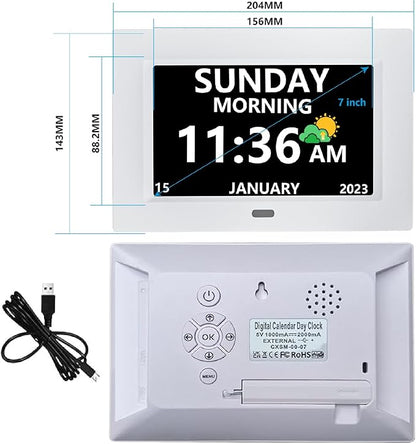 LXBYJKJ 7 Inch Digital Clock with Day and Date for Elderly Alzheimer's Clock Customizable Alarms 3 Display Modes Large Font Alarm Clock for Seniors Auto DST White