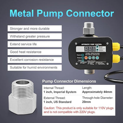 OELFFOW Smart Pump Controller with 2 Metal Pump Connector, BSPP G1 Threaded Interface, 2 Modes Digital Display, Adjustable Pressure, High Power, for Home, Garden, Industrial Use