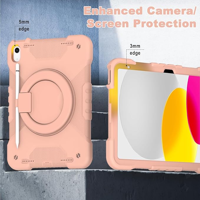 Case for iPad (A16) 11th Generation 11 inch 2025/10th Generation 10.9 inch 2022, Heavy Duty Shockproof Kids Protection Cover with Pencil Holder/360° Rotating Stand/Handle/Shoulder Strap, Rose Gold