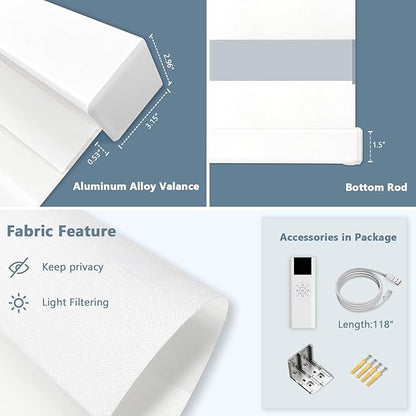 COOLWINDS Motorized Zebra Blinds for Windows Cordless Electric Curtains with Remote Control Blackout Shades Custom Smart Blinds Compatible with Alexa Google Home(Light Filtering White,W22 X 72in)