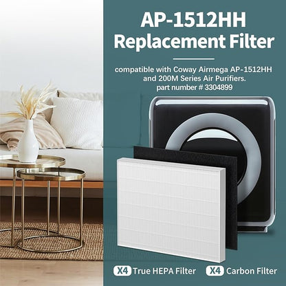 AP-1512HH Filter Compatible with Coway Airmega AP-1512HH, AP-1512HH-FP, AP-1518R, AP-1519P, and 200M Series Air Purifiers, Part # 3304899 (4 HEPA & 4 Carbon Filter)