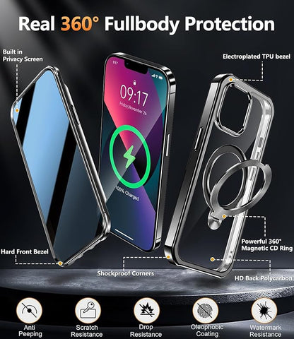 [360° Rotatable CD Stand & Built-in Privacy Screen Magnetic Case for iPhone 13 [Compatible with MagSafe & Full Signal] Mil-Grade Shockproof Full Body Anti-Spy Cover for 13-Black