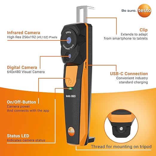 testo 860i Wireless Thermal Imaging Camera Set for iPhone & Android - Thermal Imager with Carrying Pouch & USB-C Cable - Handheld Infrared Camera 256 x 192 Resolution & -4 to +662 °F Measurement Range