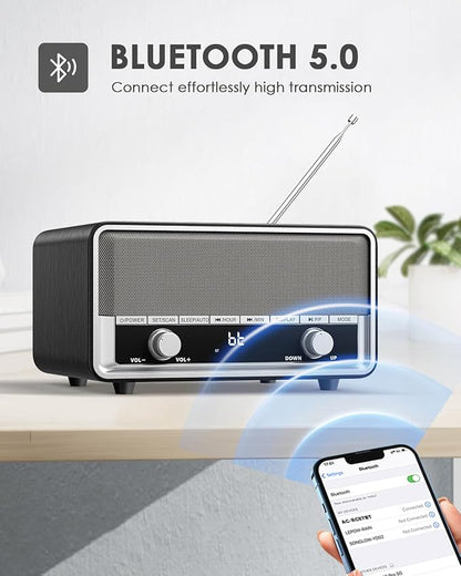 Vintage Wood AM FM Clock Radio with Bluetooth, Digital Clock Radio for Bedroom with LCD Display | 40 Presets | Sleep Timer | No Alarm, Retro Bluetooth Speaker for Office,Home, Kitchen (Black)
