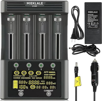 18650 Battery Charger, MIEKLALE 4-Bay 3A Fast Rechargeable Battery Charger with Smart LCD Display,Discharge & Testing Functions for Rechargeable Batteries Li-ion 16340 18650 26650 10440 14500