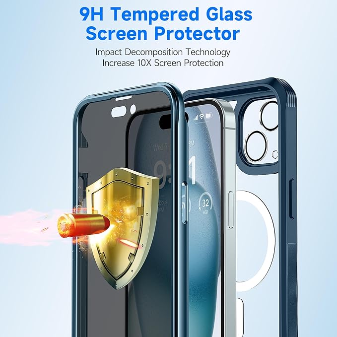 seacosmo for iPhone 15 Case, Full Body Bumper with Built-in 9H Tempered Glass Privacy Screen Protector and Camera Lens Protector, Compatible with MagSafe, Shockproof Phone Cover, 6.1", Blue