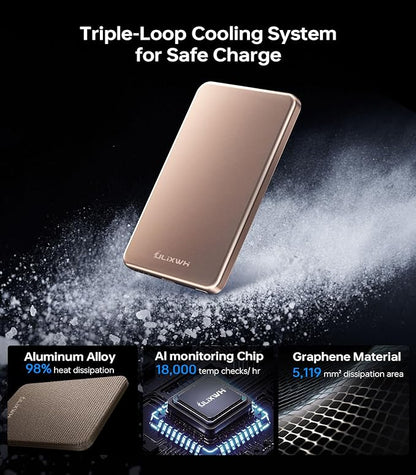 [0.3" Ultra Slim] [Alloy-Made] ULiXWH Magsafe Portable Charger for iPhone, 2025 Upgrade 5000mAh Fast Charging Magnetic Power Bank, Wireless Battery Pack for iPhone 17 Air 16 15 Pro Max 14, Desert Gold