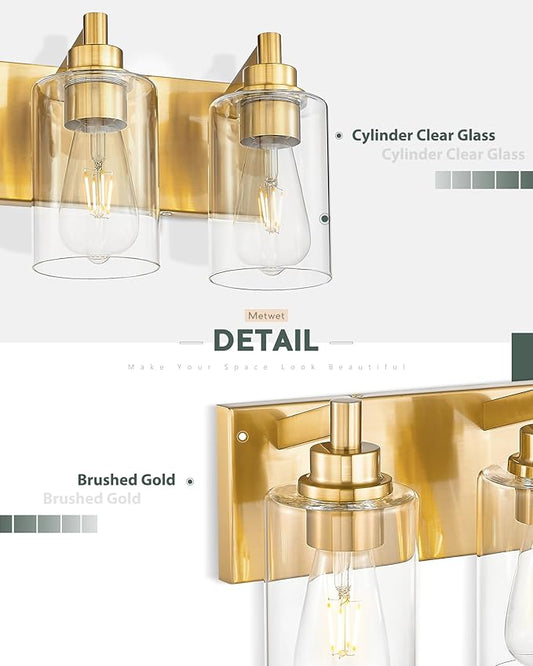 METWET 4-Light Bathroom Light Fixtures, Brushed Gold Vanity Light with Cylinder Clear Glass Shade, Modern Vanity Lighting Fixtures Over Mirror, VL143-BG-4
