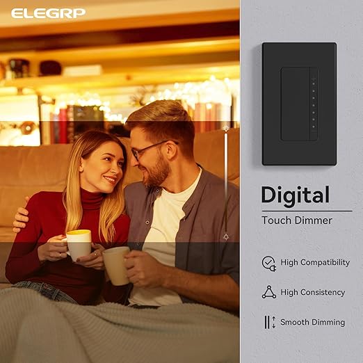 ELEGRP Dimmer Switch, Digital Dimmer Light Switch for LED Lights 150W, INC/HAL 450W, Single Pole LED Dimmer Switch, Needs Neutral Wire, Wall Plate Included, UL Listed, 10 Pack, Matte Black