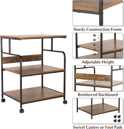 GCCSJ Large Printer Stand，3 Tier Printer Cart with Adjustable Storage Shelf，23.6 x18.9 x 29.5 inches Printer Stand for Home Office, Stands for Heat Press Scanner Fax, Industrial Style, Brown