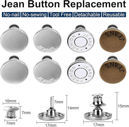 TOOVREN Upgraded 8 Sets Button Pins for Jeans Pants, No Sew Perfect Fit Jean Button Tightener Replacement Adjustable Reusable Metal Clips Snap Tack, Instant Reduce Too Big Pants Waist