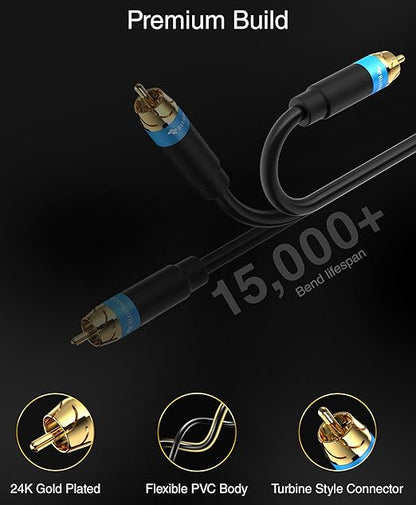 BlueRigger RCA Audio Subwoofer Cable (15FT, Dual Shielded, Gold Plated RCA Connectors) – for Subwoofer, Amplifier, Home Theater