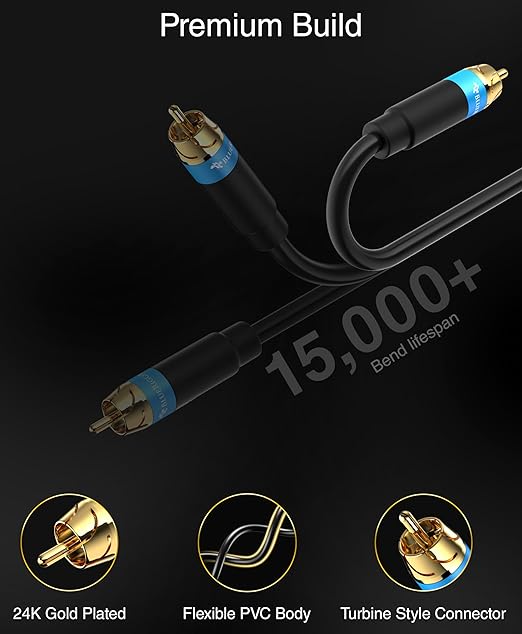 BlueRigger RCA Audio Subwoofer Cable (15FT - 2 Pack, Dual Shielded with Gold Plated RCA Connectors) – for Subwoofer, Amplifier, Home Theater