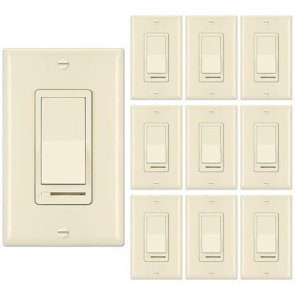BESTTEN 10 Pack Almond Dimmer Light Switch, 3 Way or Single Pole Dimmer Switches, for Dimmable LED, Halogen and Incandescent Bulbs, 120V, Decorator Wall Plate Included, UL Listed