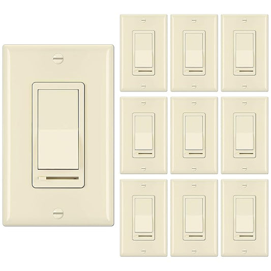 BESTTEN 10 Pack Almond Dimmer Light Switch, 3 Way or Single Pole Dimmer Switches, for Dimmable LED, Halogen and Incandescent Bulbs, 120V, Decorator Wall Plate Included, UL Listed