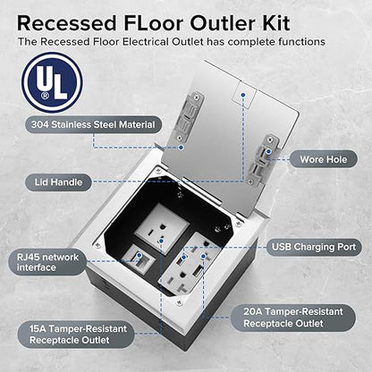 Vagueior Recessed Flat Hidden Floor Electrical Outlet Box Kit,Stainless Steel Cover with 2 * 20A+ 1 * 15A Receptacle Outlet,+2 * 5V/4.8A USB Port+1*RJ45 Port,UL Certified,Silver