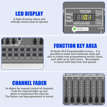 Wiwreenm DJ Controller 384CH Fog DMX-512 DJ Controller Support 30 Banks 8 Scenes 24 fixtures Stage Lighting Console for Program Editing of DJ Lights Show Bar Club Live