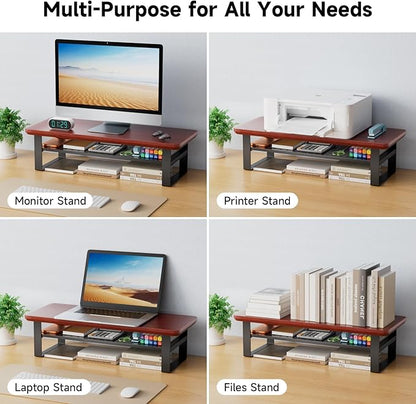 NestNeat Monitor Stand Riser, 24 Inch Computer Monitor Stand for Desk, 2-Tier Wood Desk Shelf Organizer with Storage, Desktop Stand for Laptop/Screen/PC/Printer, Ergonomic Home Office Monitor Stand