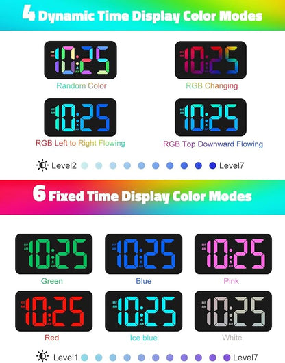 Mesqool Digital Alarm Clock for Bedrooms - Plug-in LED Clock with Dynamic RGB Digits, Dimmable Display & Night Light, 7 Color Options, Adjustable Alarm Volume, DST, 12/24 Hour - Ideal for Kids