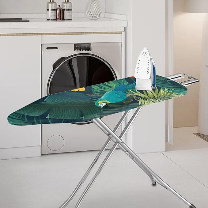 ZCFYGDX Ironing Board Cover Easy Install with Elastic Edge 3 Bottom Nylon Buckle Straps Breathable Ironing Decor Suitable for Wide Ironing Board House Decor Parrot Palm Leaf Print Size-M