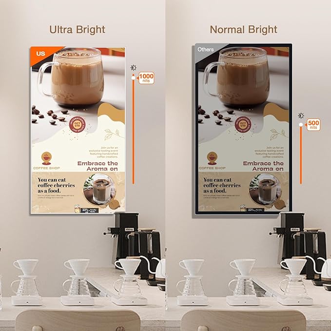 Canlarriz Digital Signage Display 43 inch Wall Mount Digital Menu Board for Restaurants and Stores Monitor 1000 nits Ultra-High Brightness 4KUHD Free Web Content Editor Android 4GB + 32GB