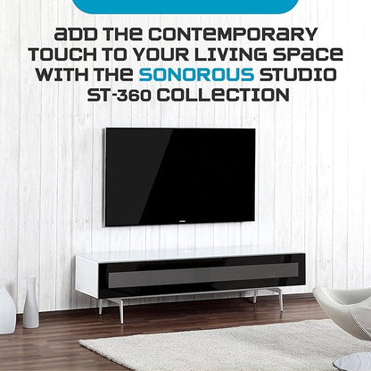 SONOROUS ST-360 Premium TV Stand for Living Room – Modern TV Stands & Entertainment Center with Storage – White Wood & Black Glass Cover – Luxury Media Console with Metal Legs for TVs up to 75 inches
