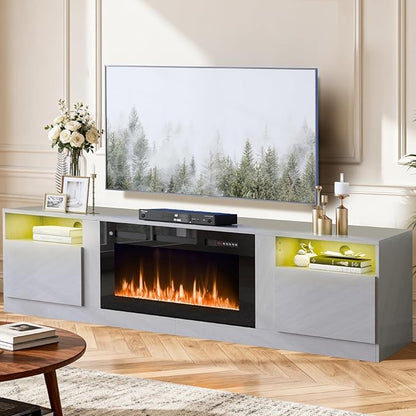 YISUFO 80” TV Stand with 36” Electric Fireplace, Large Modern Media Entertainment Center with Storage Cabinet and 12 Colors LED Lights for TVs Up to 90",Grey and Black