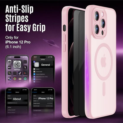 Designed for iPhone 12 Pro Case, Compatible with MagSafe, with Privacy Screen Protectors X2, [Camera Protection] [15FT Military Drop Protection] Shockproof Phone Case, 6.1", Pink