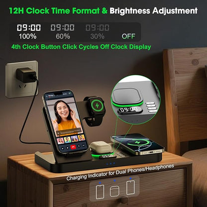 Dual Phone Wireless Charging Station for Apple Devices, Magnetic Charging Station for iPhone with Auto Switch 7-Color Light&Clock, Family Watch Charger for iPhone17 for iWatch11 for AirPods Pro3(Black
