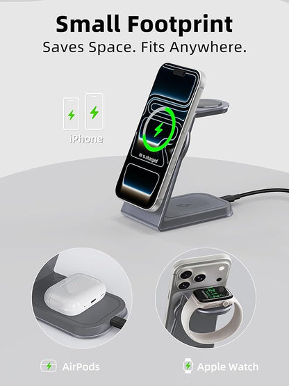 2025 3 in 1 Magnetic Wireless Charger Stand for Apple Devices, TRIBONE Qi2 Certified 15W Fast Charging Station for iPhone 17/16/15/14/13/12 Series, Apple Watch, Airpods