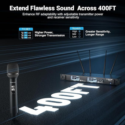 Phenyx Pro Dual-Channel Wireless Microphone System, Dynamic Mics w/ID Lock, Tunable Power Level, Auto Scan, Spectrum Analyzer, True Diversity Cordless Handheld for Singing, DJ, Karaoke (PTAU-2)