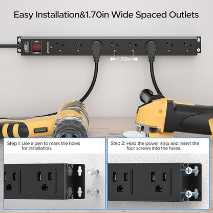 CRST 8 Outlet Metal Heavy Duty Power Strip, 2100J Surge Protector, 6FT Cord Mountable Wide Spaced Industrial Power Strip,15A/1875W
