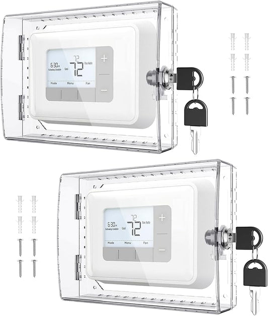 AUURIO 2 PCS Upgraded Thermostat Lock Box with Key, Large Space Thermostat Cover Seamless Anastomosis, Clear Decorative AC Lock Box Cover on Wall Fits Thermostats 4.8" H x 6" W or Smaller