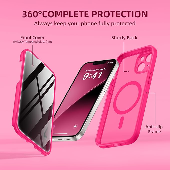 BERFY Magnetic for iPhone 14 Case, Compatible with MagSafe, Built-in Privacy Screen Protector and Upgraded Camera Protection, Anti-Spy Full Body Shockproof Phone Case for 14 6.1", Hot Pink