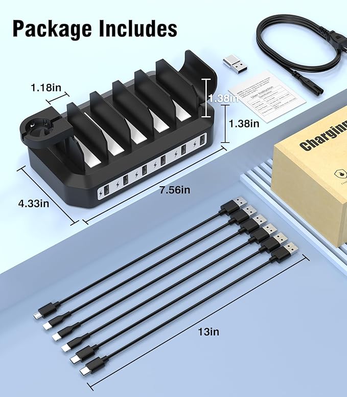 [2025 Upgraded] 6 IN 1 Fast Charging Station for Multiple Device【Durable & Safe Charging】6 Ports Charging Dock Organizer with 6 Cables & 2 Stands for Cellphone/Tablet/Kindle/iWatch & Other Electronic