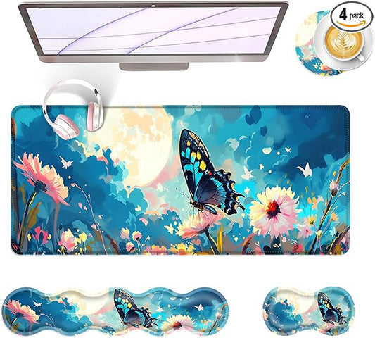 BFUKVOU Large Keyboard Mouse Pad Set, Extended Mouse Pad+Keyboard Wrist Rest Support, Memory Foam Ergonomic Easy Typing, 4Pcs (31.5×11.8 in) Desk Pad Set for Office Home,Flowers and Butterflies