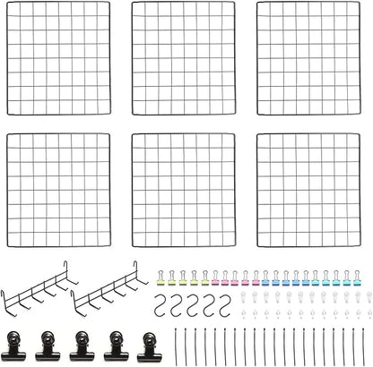 Feadily 6 Pack Metal Grid Panel, 13.8" x 13.8" Black Wire Grid Wall Organizer for Photos, Notes & Decor, Include 2 Hook Racks