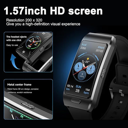 2-in-1 Smart Health Band with Built-in Bluetooth Earbuds, Fitness & Activity Tracker with Heart Rate & Sleep Monitor, Bluetooth Call Support, 1.57" HD Touchscreen for Daily Wellness (Black)
