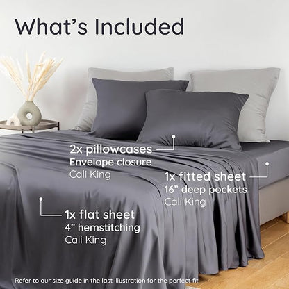 Bambaw California King Cooling Sheets Set 4pcs – 100% Viscose Derived from Bamboo Sheets Extra Deep Pockets, Soft & Breathable Bedding Set, Fits Up to 16'' with Elastic Corner Straps (Charcoal)