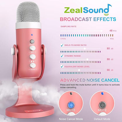 ZealSound Gaming USB Pink Microphone with Quick Mute for Phone Computer PC PS5,Studio Mic with Gain Control,Echo&Monitor Volume Adjust for Streaming Vocal Recording ASMR Podcast Video K66