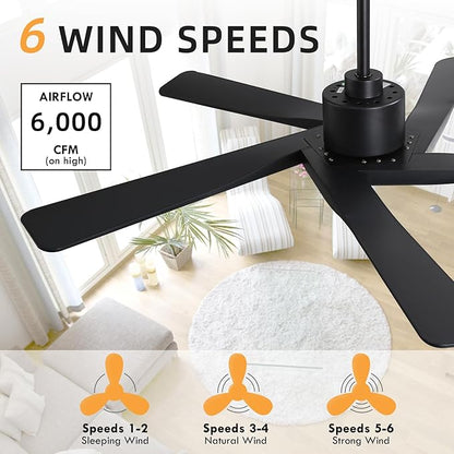 WINGBO 54" ABS DC Ceiling Fan No Light, 5 Blade ABS Plastic Ceiling Fan with Remote, 6-Speed Reversible DC Motor, Ceiling Fans without Light for Kitchen Bedroom Living Room, Matte Black