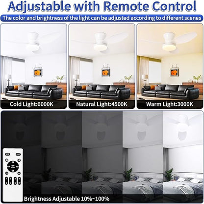 Glowall Small Ceiling Fan with Lights, 32 Inch Flush Mount with Remote Control, Reversible Quiet DC Motor, White, 3 Blades, 6 Speeds, Dimmable LED, Adjustable Color Temperature, Timer