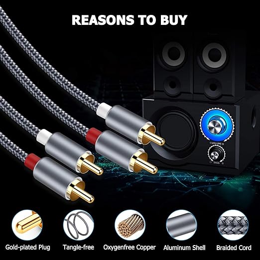 Goalfish 25ft/7.5m Nylon-Braided RCA Audio Cable - 2 Male to 2 Male Subwoofer Cable for Home Theater, HDTV, Amplifiers, Speakers, Hi-Fi Systems